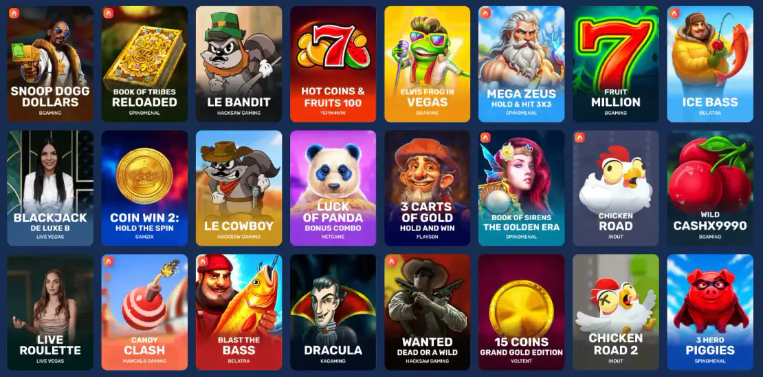 Galleon Casino games lobby featuring popular slot titles and colourful game thumbnails