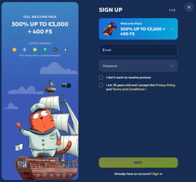 Galleon Casino sign-up form with email, password and welcome pack banner